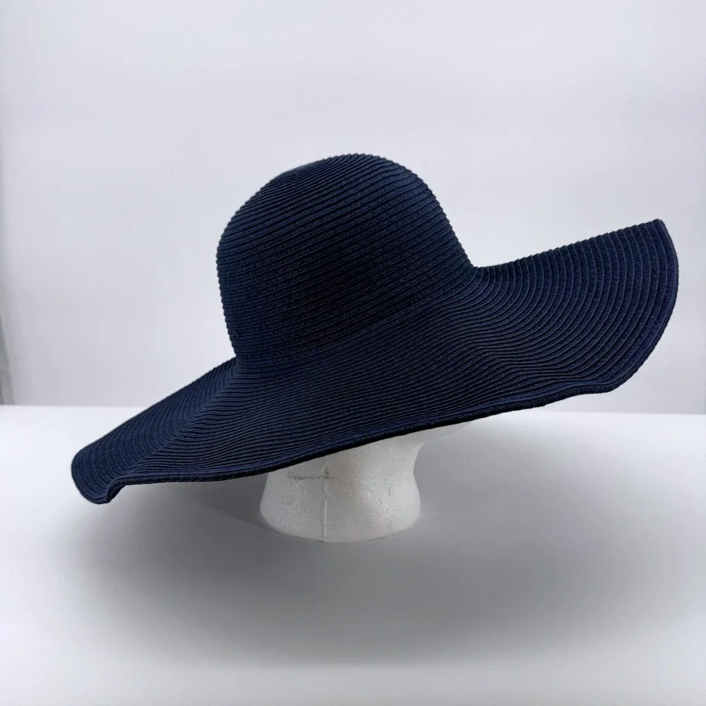 Timeless Basic Sun Hat Women One Size Navy Blue Paper Straw Floppy Wide Brim